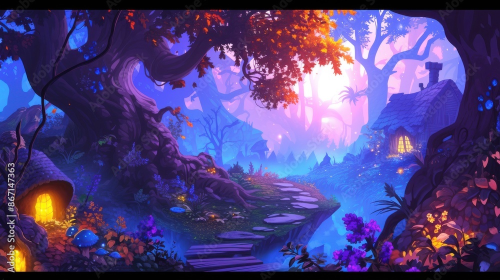 Obraz premium Magical Enchanted Forest with Glowing Plants, Mushrooms and Stone Path. Fantasy landscape illustration, concept art