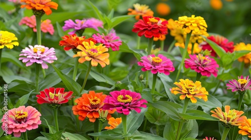 A vibrant display of zinnia flowers in a range of colors including red, orange, yellow, and pink, each flower standing out against the green foliage, creating a lively and cheerful garden scene full © keetazalay