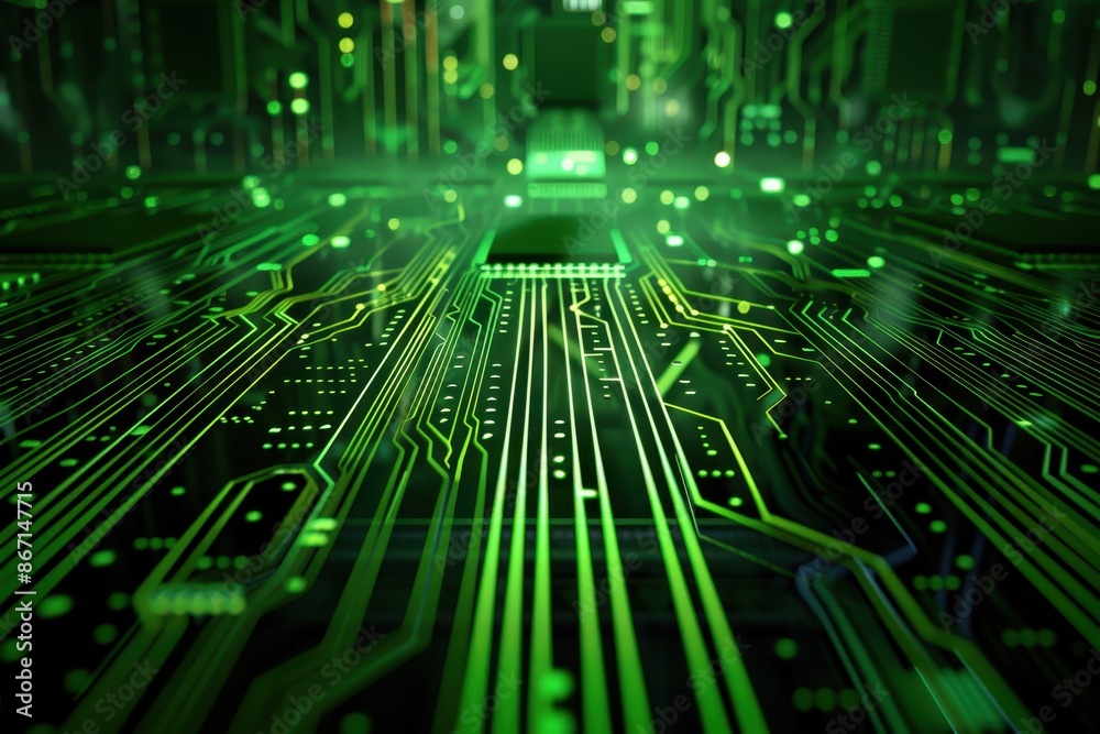 Close-up of a green circuit board with intricate patterns and glowing lights, illustrating advanced technology and modern electronics. Close-up of a green circuit board with intricate patterns and glowing lights, illustrating advanced technology and modern electronics.