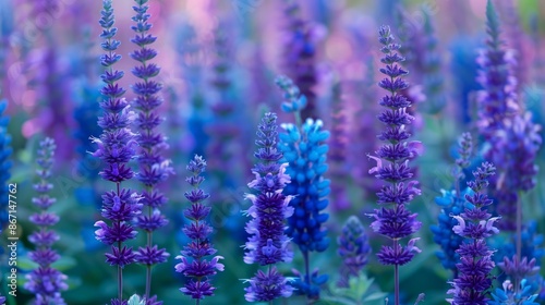Fototapeta Naklejka Na Ścianę i Meble -  A vibrant display of salvia flowers in shades of blue and purple, their tall, spiky blooms standing out against the green foliage, creating a lively and dramatic garden scene full of color and life