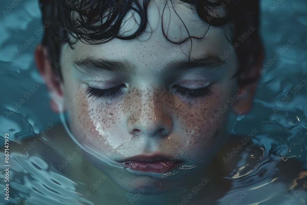 Young boy is holding his breath with his eyes closed while swimming underwater Young boy is holding his breath with his eyes closed while swimming underwater