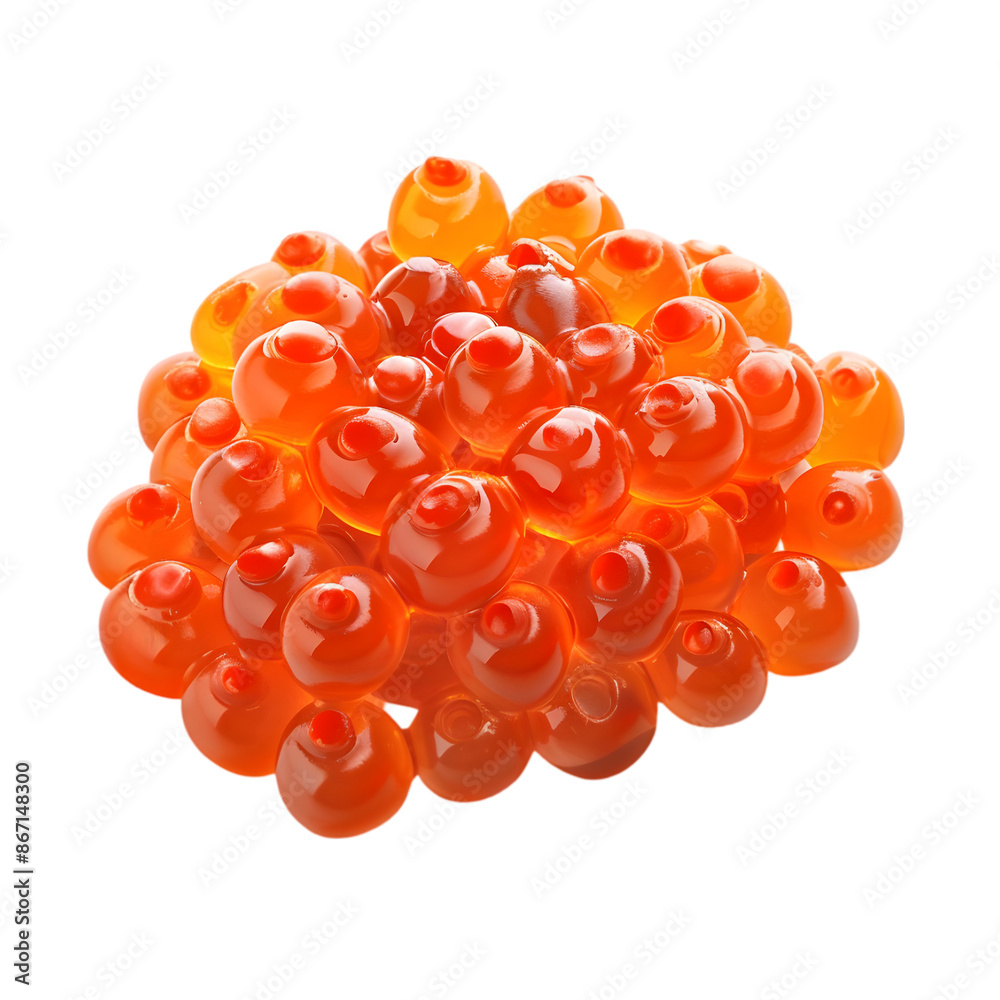 Bright orange salmon roe eggs clustered together, isolated on a white background. Fresh and vibrant, perfect for culinary presentations. Bright orange salmon roe eggs clustered together, isolated on a white background. Fresh and vibrant, perfect for culinary presentations.