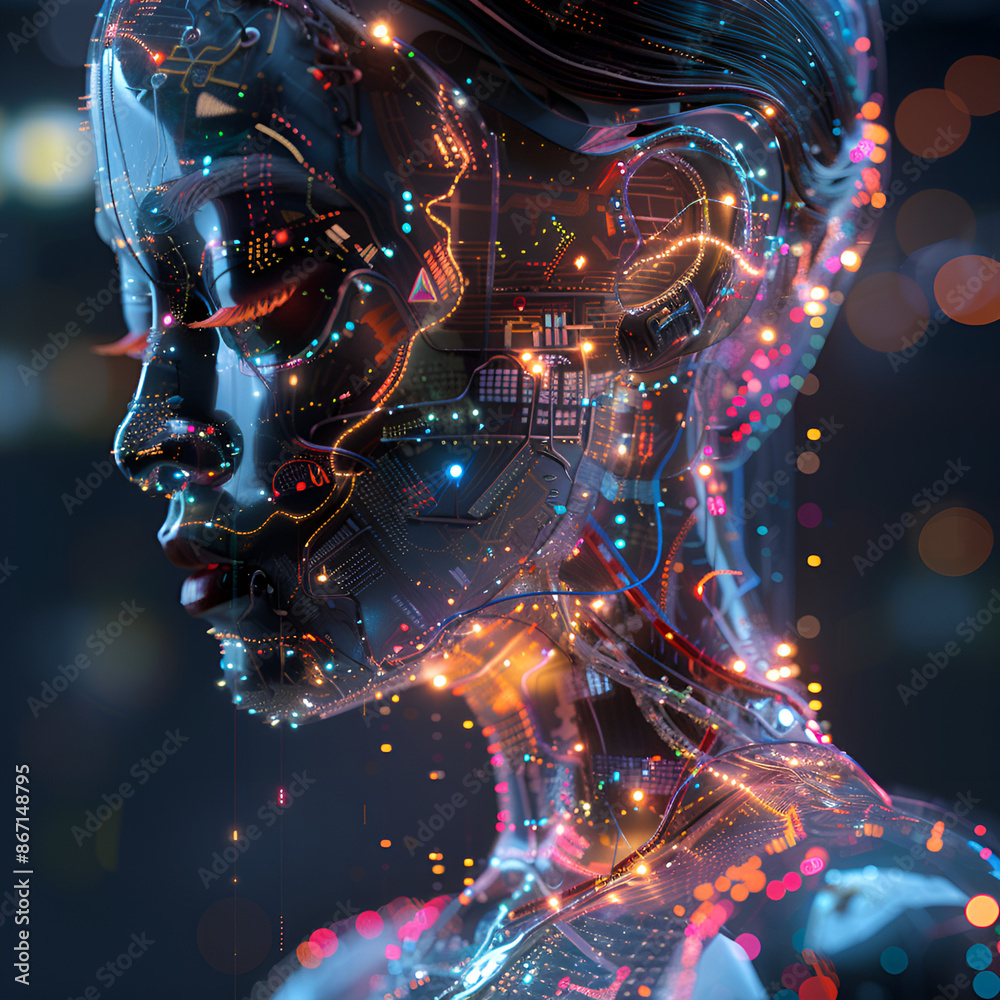 A woman with glowing lights on her face, creating a mesmerizing and ethereal effect.