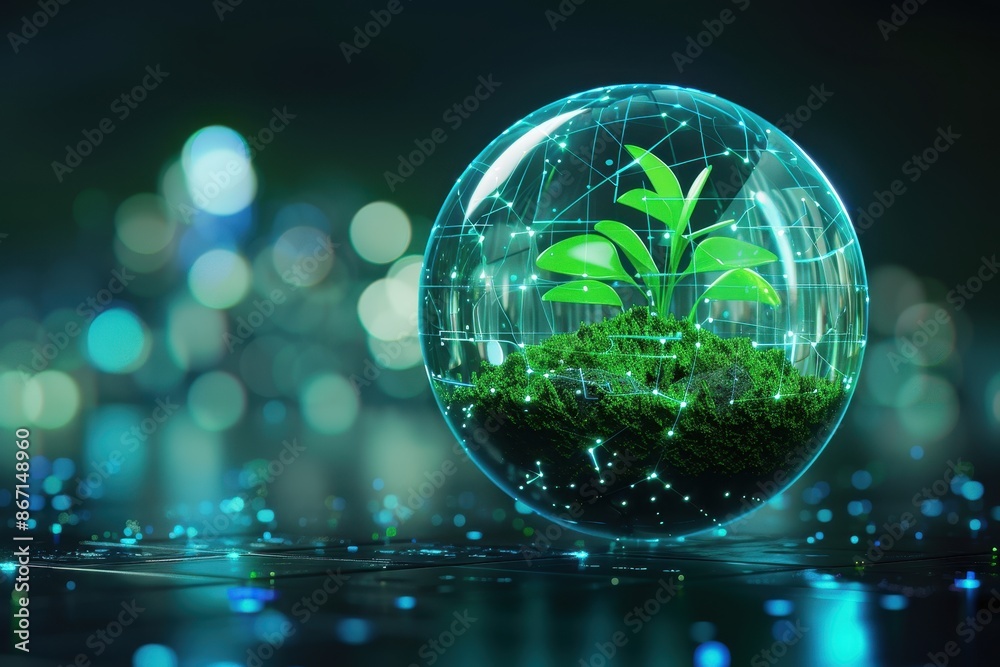 A small plant growing inside a transparent glass sphere, symbolizing environmental conservation and technology's role in sustainability. A small plant growing inside a transparent glass sphere, symbolizing environmental conservation and technology's role in sustainability.
