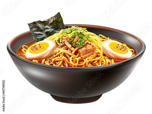 Delicious bowl of ramen noodles with boiled eggs, green onions, pork, and nori. Perfect for an authentic Asian culinary experience.