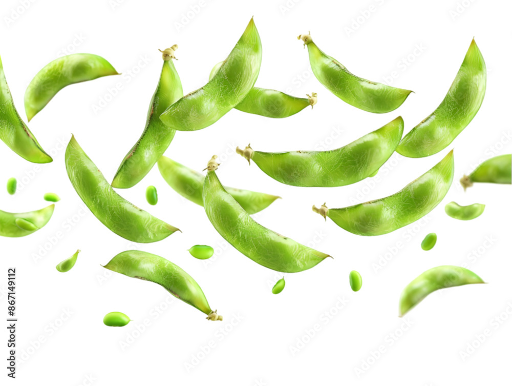 Fresh green edamame beans scattered in a pattern, isolated on a white background. Perfect for healthy eating and vegetarian concepts. Fresh green edamame beans scattered in a pattern, isolated on a white background. Perfect for healthy eating and vegetarian concepts.