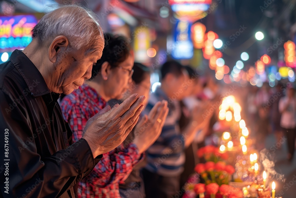 A group of people standing in a row, praying with folded hands near candlelit offerings in a vibrant, colorful nighttime setting. A group of people standing in a row, praying with folded hands near candlelit offerings in a vibrant, colorful nighttime setting.
