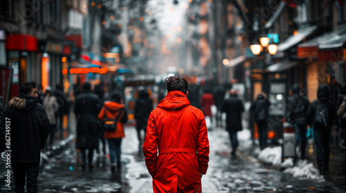 Young Man in Red Coat Walking Through a Crowded City Street in Winter, Highlighting Urban Isolation and Individuality