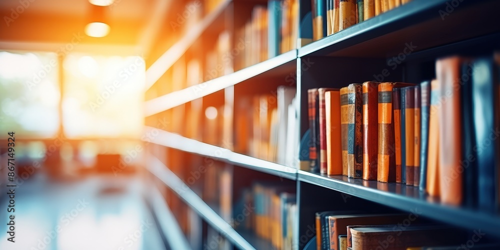 Bookshelf in a Library with Sunlight Streaming Through Window Bookshelf in a Library with Sunlight Streaming Through Window