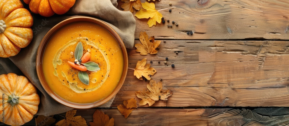 Fall-themed pumpkin carrot soup on a table depicting food and drink, diet and nutrition concept. Top view flat lay with copy space in a cozy background Fall-themed pumpkin carrot soup on a table depicting food and drink, diet and nutrition concept. Top view flat lay with copy space in a cozy background