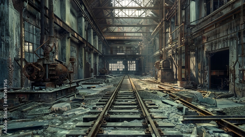 Abandoned plant interior, empty railway tracks winding through, rusted machinery, decaying walls, thrilling and detailed atmosphere Abandoned plant interior, empty railway tracks winding through, rusted machinery, decaying walls, thrilling and detailed atmosphere