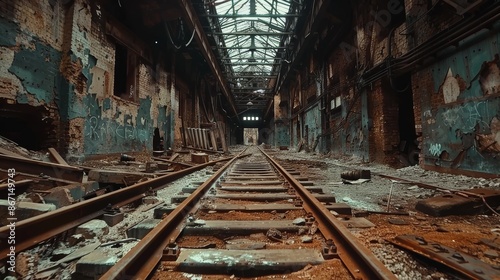 Abandoned old industrial plant interior, empty railway tracks, decaying walls, rusted machinery, eerie yet exciting atmosphere, intricate details
