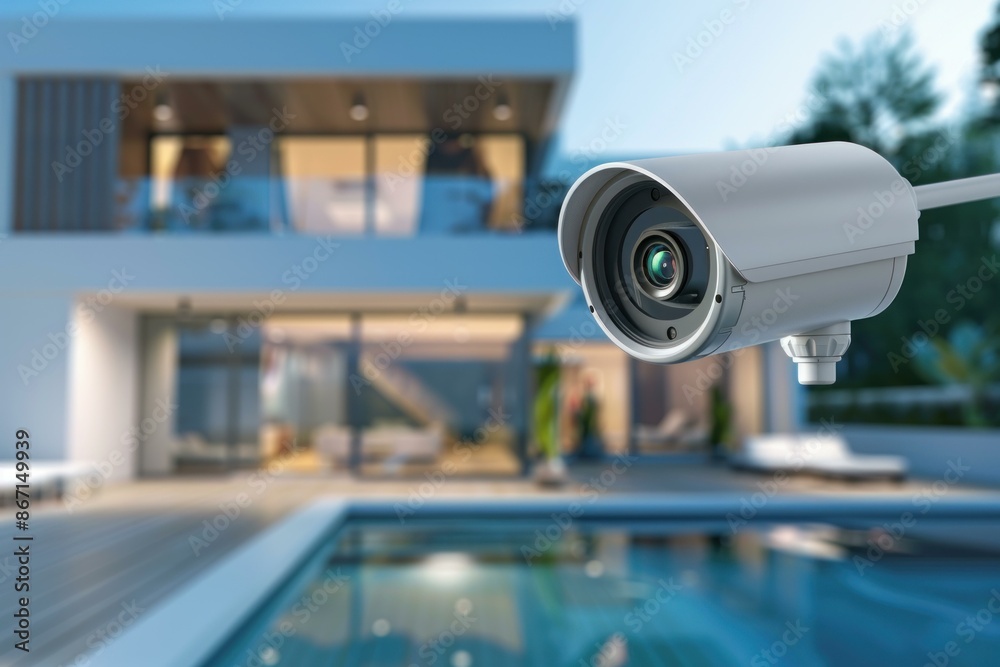 Security camera is monitoring a modern house with a swimming pool, ensuring safety and protection Security camera is monitoring a modern house with a swimming pool, ensuring safety and protection