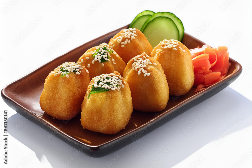 a traditional Japanese sushi platter featuring Inari-zushi (fried tofu pouch) filled with sushi rice and garnished with cucumber slices and sesame seeds, isolated on a white backdrop. a traditional Japanese sushi platter featuring Inari-zushi (fried tofu pouch) filled with sushi rice and garnished with cucumber slices and sesame seeds, isolated on a white backdrop.