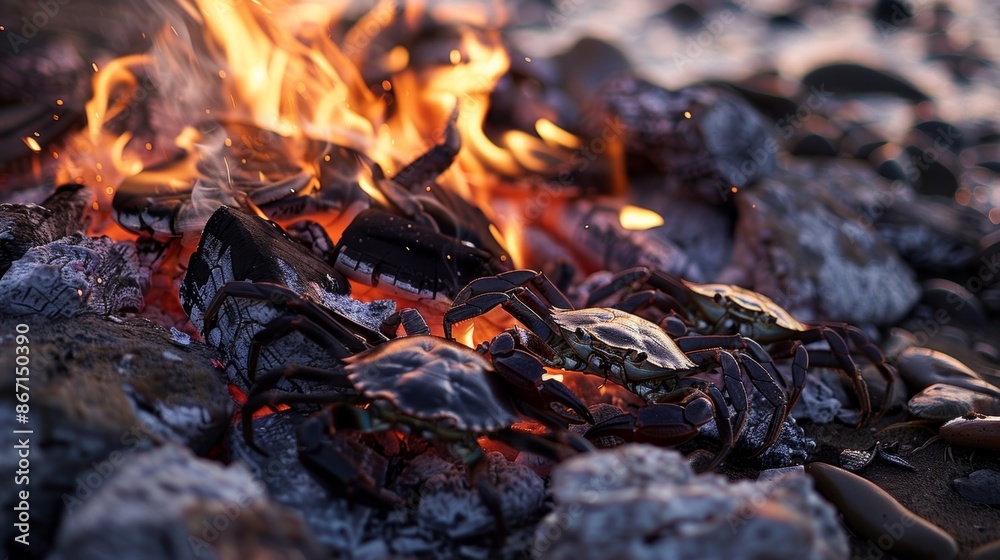 A family of crabs scurry along the shore attracted by the delicious aromas emanating from the bonfire. A family of crabs scurry along the shore attracted by the delicious aromas emanating from the bonfire.