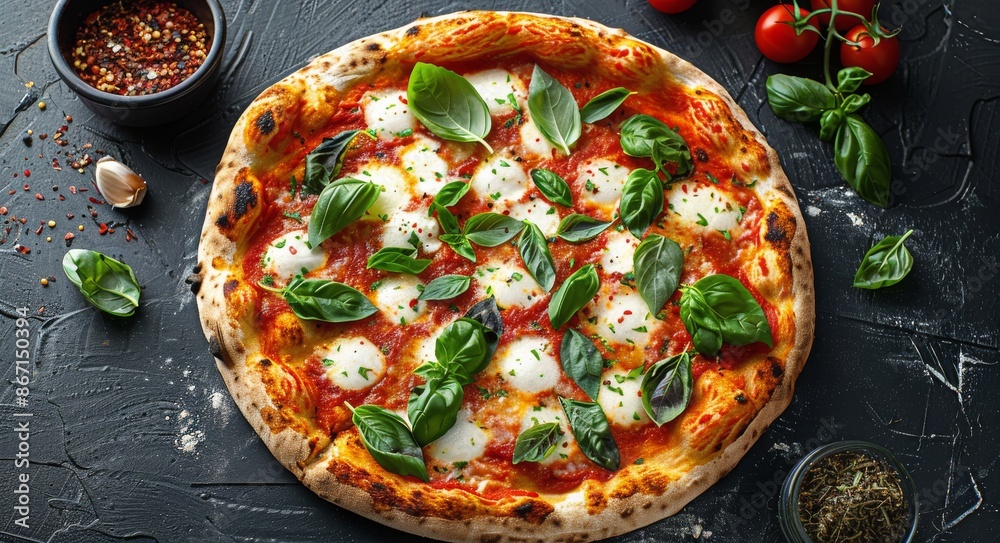 Freshly Baked Margherita Pizza With Basil on Black Background Freshly Baked Margherita Pizza With Basil on Black Background