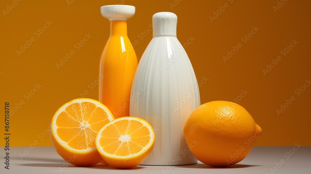 a group of oranges and a bottle of juice a group of oranges and a bottle of juice
