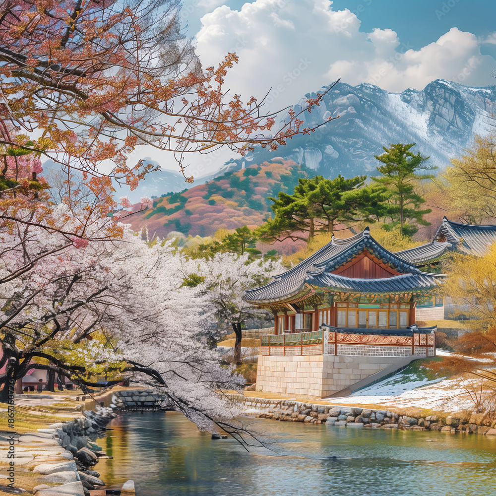 Obraz premium 한국 자연의 그림 같은 풍경.한국 전통 가옥과 나무가 있는 풍경