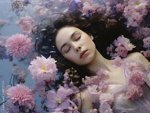 a woman lying in water surrounded by flowers