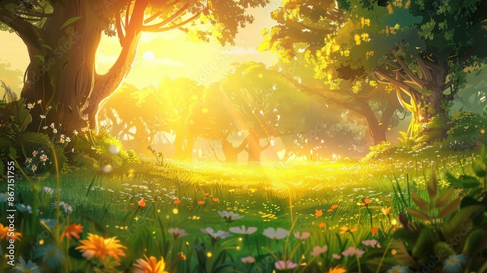 Obraz premium Magical Sunlit Forest Glade with Lush Green Grass and Wildflowers