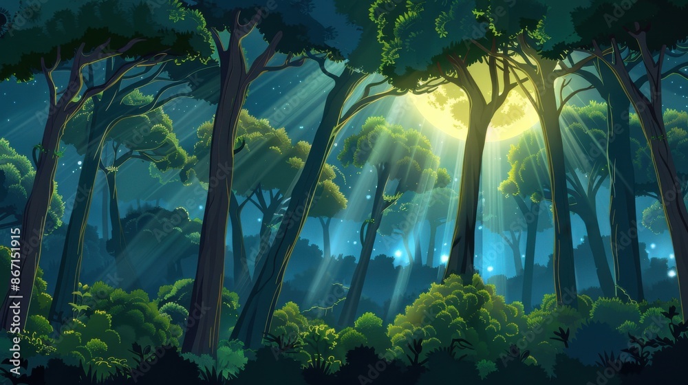 Obraz premium Enchanted Forest at Night with Full Moon and Magical Glow