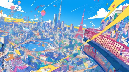 上空から見た東京のポップな風景画