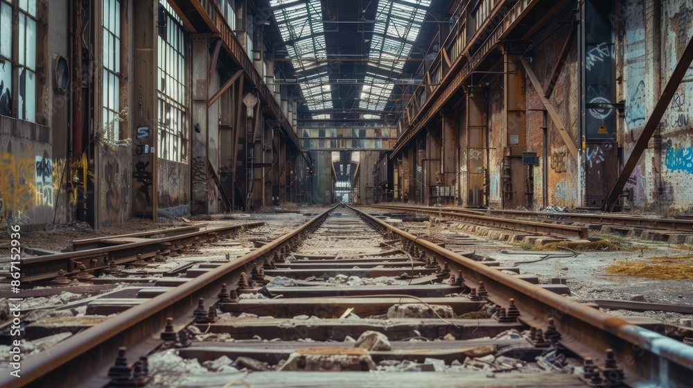 Deserted industrial plant, railway tracks inside, abandoned and empty, rust and decay everywhere, thrilling and detailed scene Deserted industrial plant, railway tracks inside, abandoned and empty, rust and decay everywhere, thrilling and detailed scene