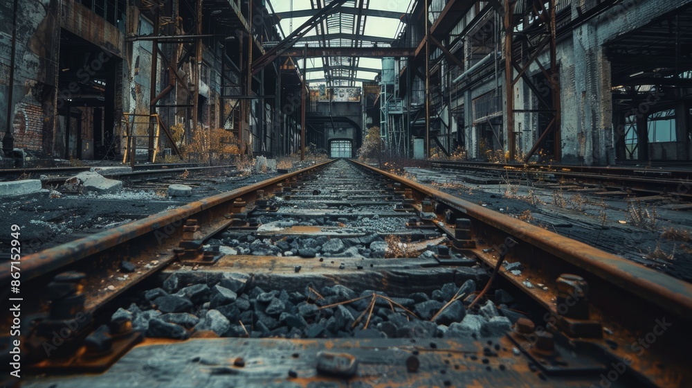 Deserted industrial plant, railway tracks inside, abandoned and empty, rust and decay everywhere, thrilling and detailed scene Deserted industrial plant, railway tracks inside, abandoned and empty, rust and decay everywhere, thrilling and detailed scene