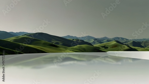 Beautiful summer mountain rural landscape; Panorama of summer green field with dirt road and Sunset cloudy sky.
