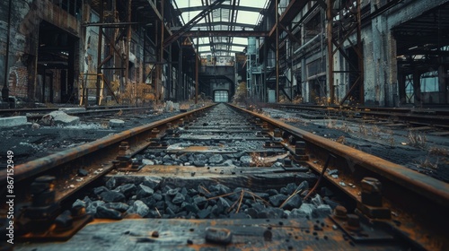 Deserted industrial plant, railway tracks inside, abandoned and empty, rust and decay everywhere, thrilling and detailed scene