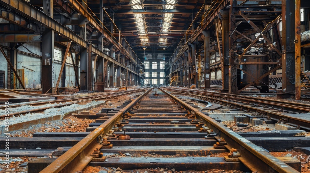 Empty industrial plant with railway tracks, abandoned interior, decaying structures, rusted metal, exciting and eerie setting, detailed textures Empty industrial plant with railway tracks, abandoned interior, decaying structures, rusted metal, exciting and eerie setting, detailed textures