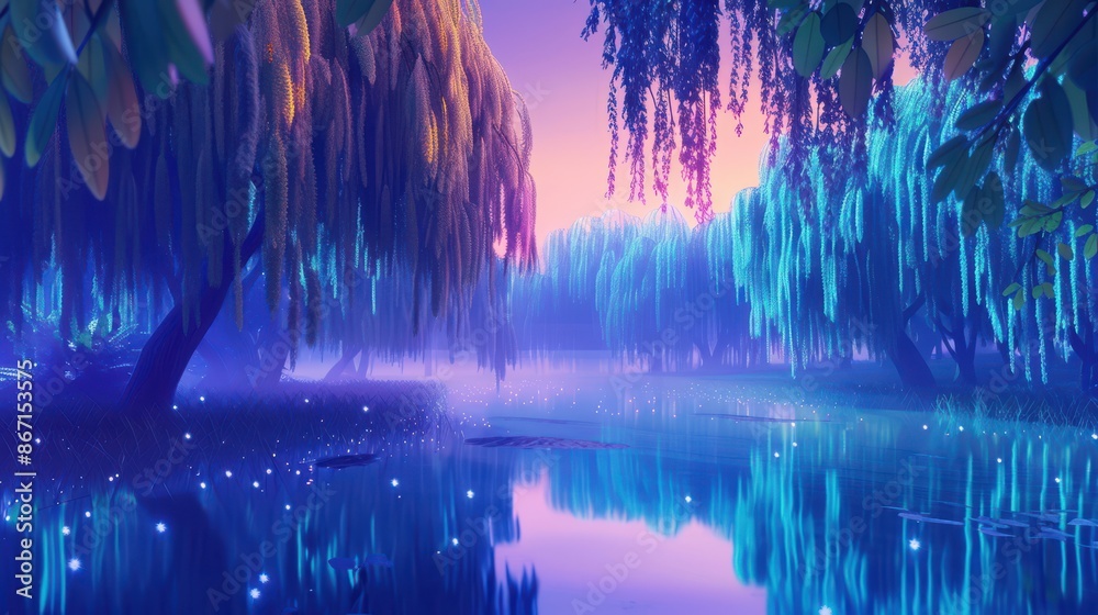 Obraz premium Magical Enchanted Forest with Glowing Lights at Night. Fantasy, Surreal Lake Scene with Willow Trees