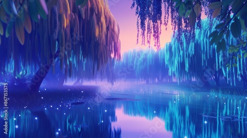 Magical Enchanted Forest with Glowing Lights at Night. Fantasy, Surreal Lake Scene with Willow Trees