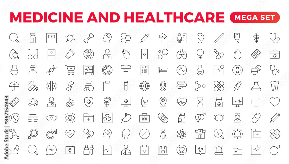Set of Medical and Healthcare related Linear icons. healthcare, Medicine, medicine, check-up, doctor, dentistry, pharmacy, lab, scientific discovery, sign symbol icon collection. Set of Medical and Healthcare related Linear icons. healthcare, Medicine, medicine, check-up, doctor, dentistry, pharmacy, lab, scientific discovery, sign symbol icon collection.