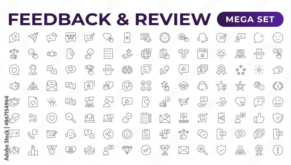 Set of Feedback, Review, and Customer Experience Outline Icon Collection. Rating, Testimonials, Quick Response, experience, Satisfaction, etc. Simple web icon illustration, Set of Feedback, Review, and Customer Experience Outline Icon Collection. Rating, Testimonials, Quick Response, experience, Satisfaction, etc. Simple web icon illustration,