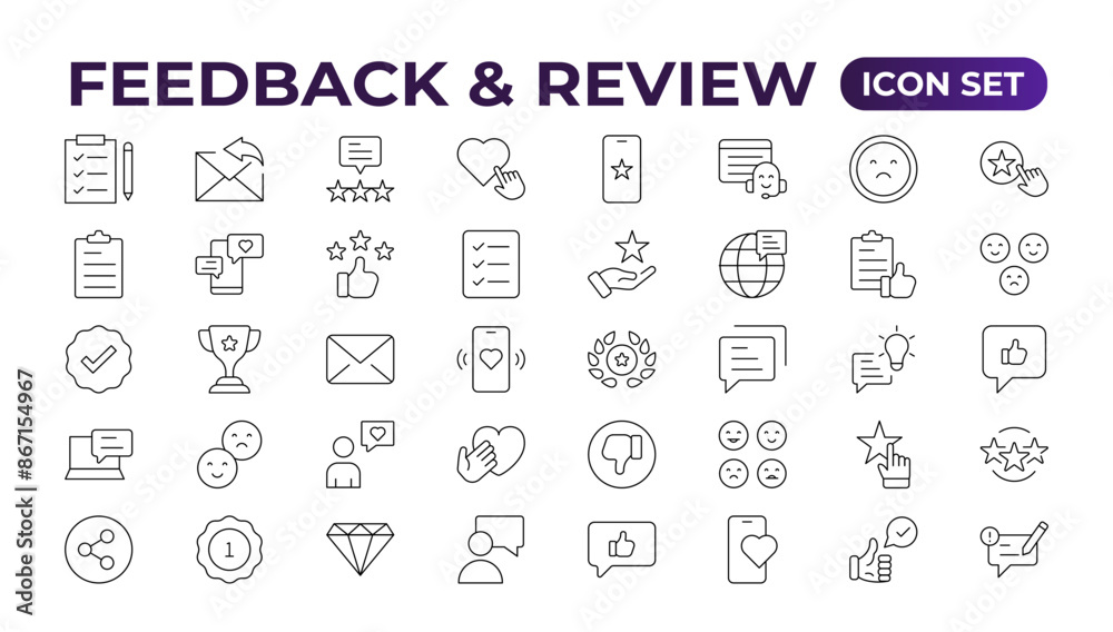 Set of Feedback, Review, and Customer Experience Outline Icon Collection. Rating, Testimonials, Quick Response, experience, Satisfaction, etc. Simple web icon illustration, Set of Feedback, Review, and Customer Experience Outline Icon Collection. Rating, Testimonials, Quick Response, experience, Satisfaction, etc. Simple web icon illustration,