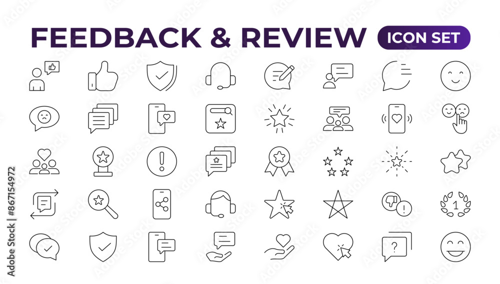 Set of Feedback, Review, and Customer Experience Outline Icon Collection. Rating, Testimonials, Quick Response, experience, Satisfaction, etc. Simple web icon illustration, Set of Feedback, Review, and Customer Experience Outline Icon Collection. Rating, Testimonials, Quick Response, experience, Satisfaction, etc. Simple web icon illustration,