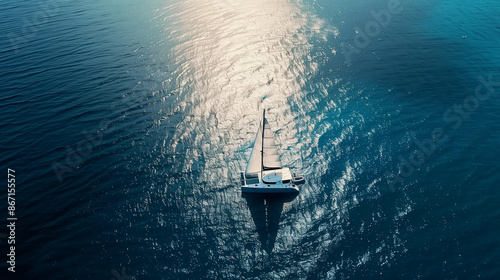 Aerial view of a catamaran in the open ocean