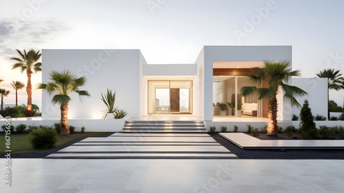 Elegant Minimalist White Home with Geometric Architectural Design © yelosole