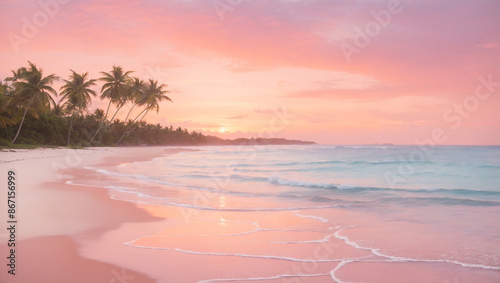 A pink and orange sunset over a sandy beach with palm trees photo