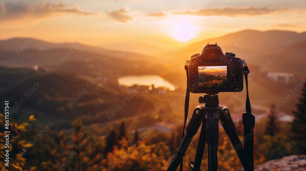 camera on a tripod at sunset overlook camera on a tripod at sunset overlook