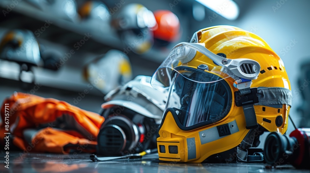 Close-Up View of High-Tech Mining Safety Equipment Including Helmets, Protective Gloves, and Gas Detectors Laid Out on a Table Close-Up View of High-Tech Mining Safety Equipment Including Helmets, Protective Gloves, and Gas Detectors Laid Out on a Table