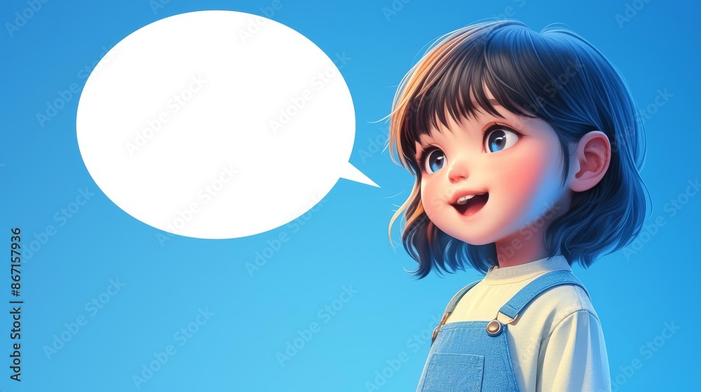 3d Asian female child character in shirt and singing with a microphone and speech bubble next to head on isolated blue background with space in the left for copy space 3d Asian female child character in shirt and singing with a microphone and speech bubble next to head on isolated blue background with space in the left for copy space