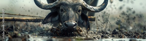 Closeup of a water buffalo pulling a traditional plow through muddy rice fields, a timeless agricultural method photo