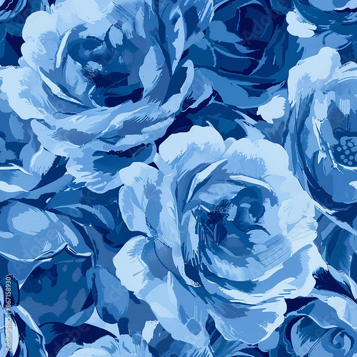 Classic blue rose floral pattern on a dark background.