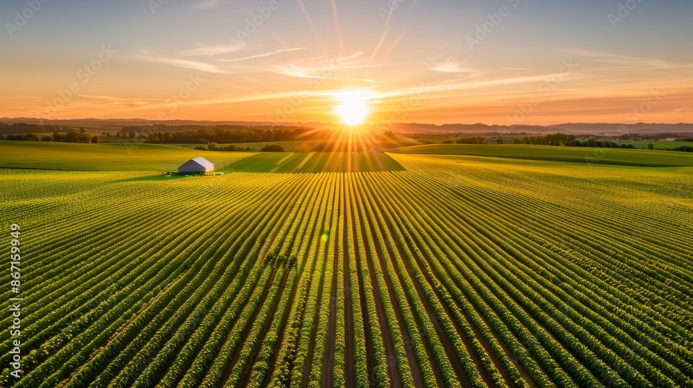Overhead view of a sunset-lit colorful farm, lone house in center, fields in vibrant hues, serene and captivating rural landscape Overhead view of a sunset-lit colorful farm, lone house in center, fields in vibrant hues, serene and captivating rural landscape