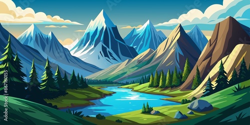 stunning mountain scene with flowing river and lush valley, mountainous, river, valley, water