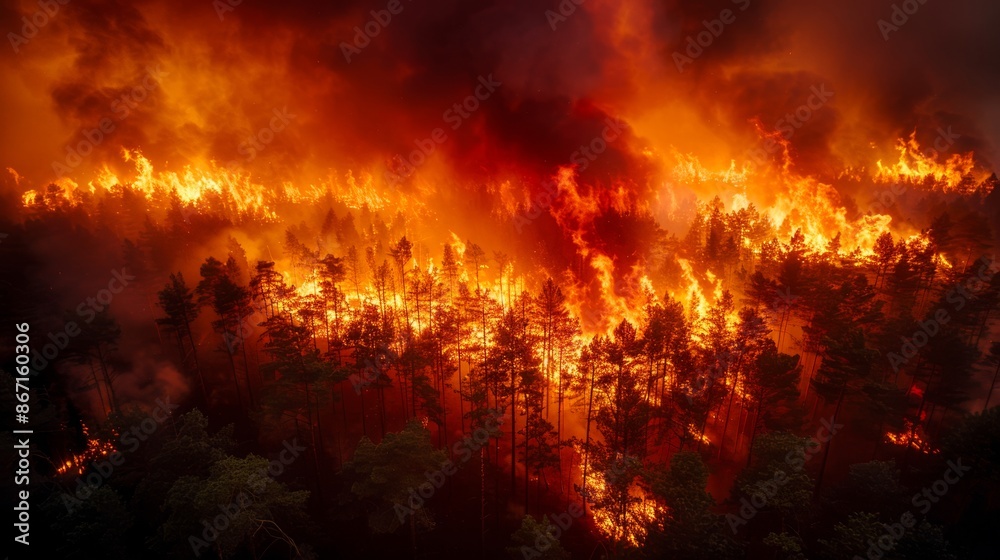 An intense wildfire raging through a forest, with bright orange flames and thick smoke engulfing trees and vegetation, drone view An intense wildfire raging through a forest, with bright orange flames and thick smoke engulfing trees and vegetation, drone view