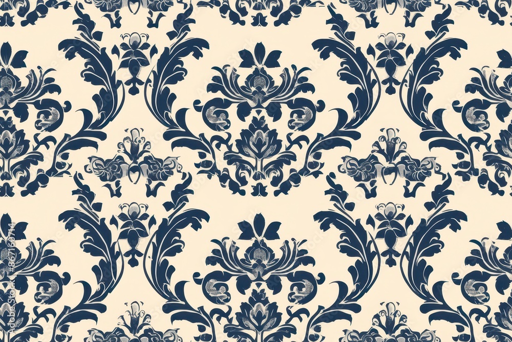Blue and Beige Damask Pattern Seamless Vector Background, Floral Design, Vintage Style Blue and Beige Damask Pattern Seamless Vector Background, Floral Design, Vintage Style