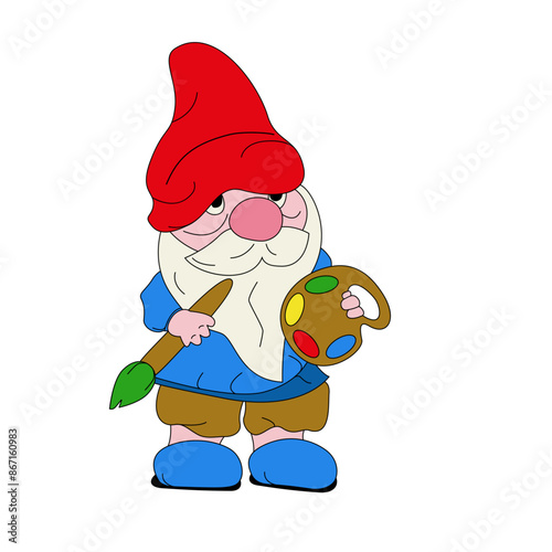 Vector image of a cute artist dwarf is painting with brush.